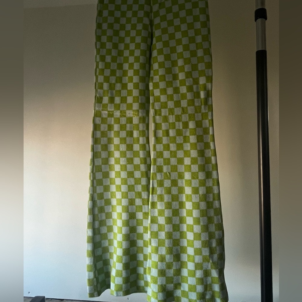 green and blue checkered bell bottom pants